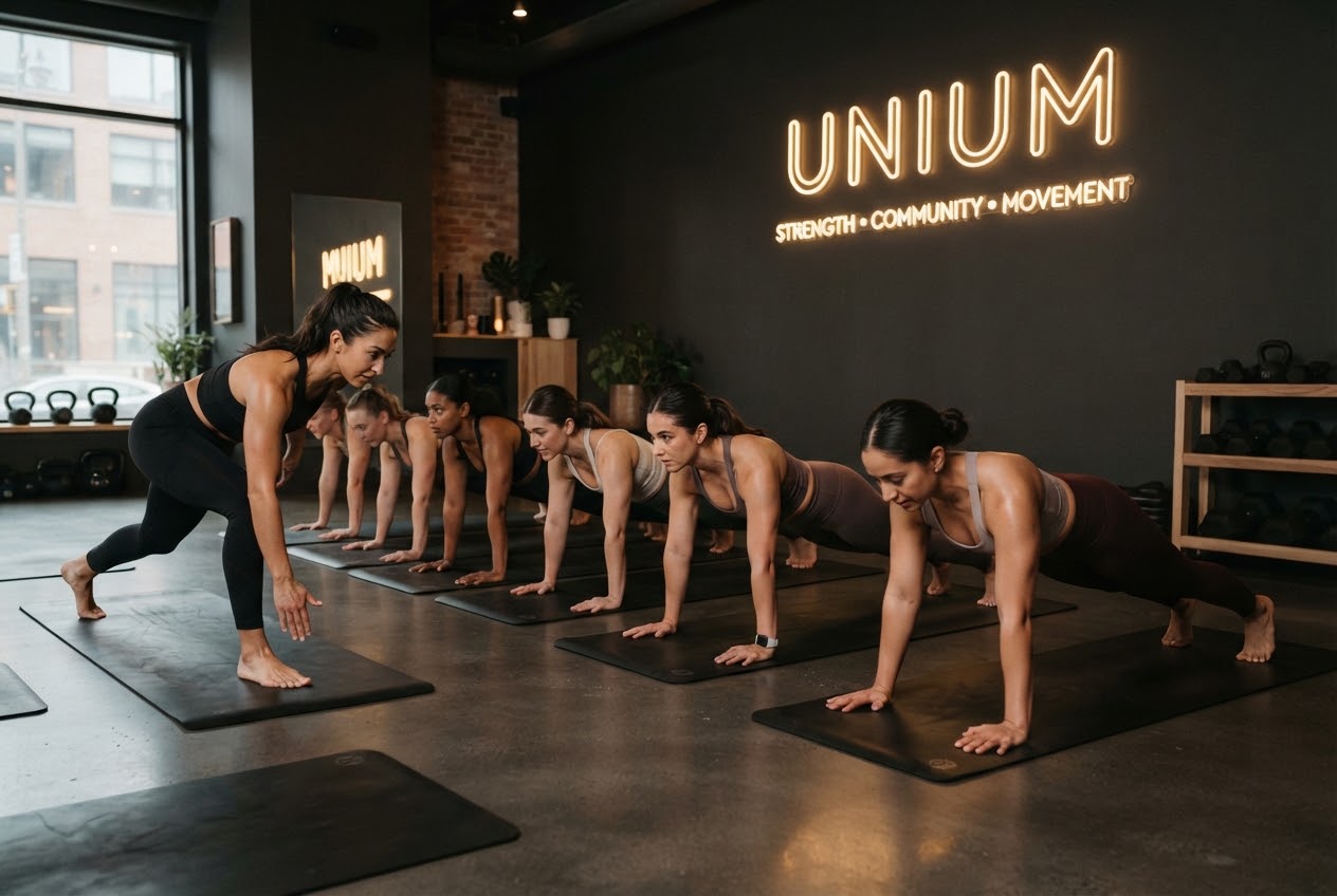 Grupo de alumnas en posición de plancha durante una clase en el estudio UNIUM